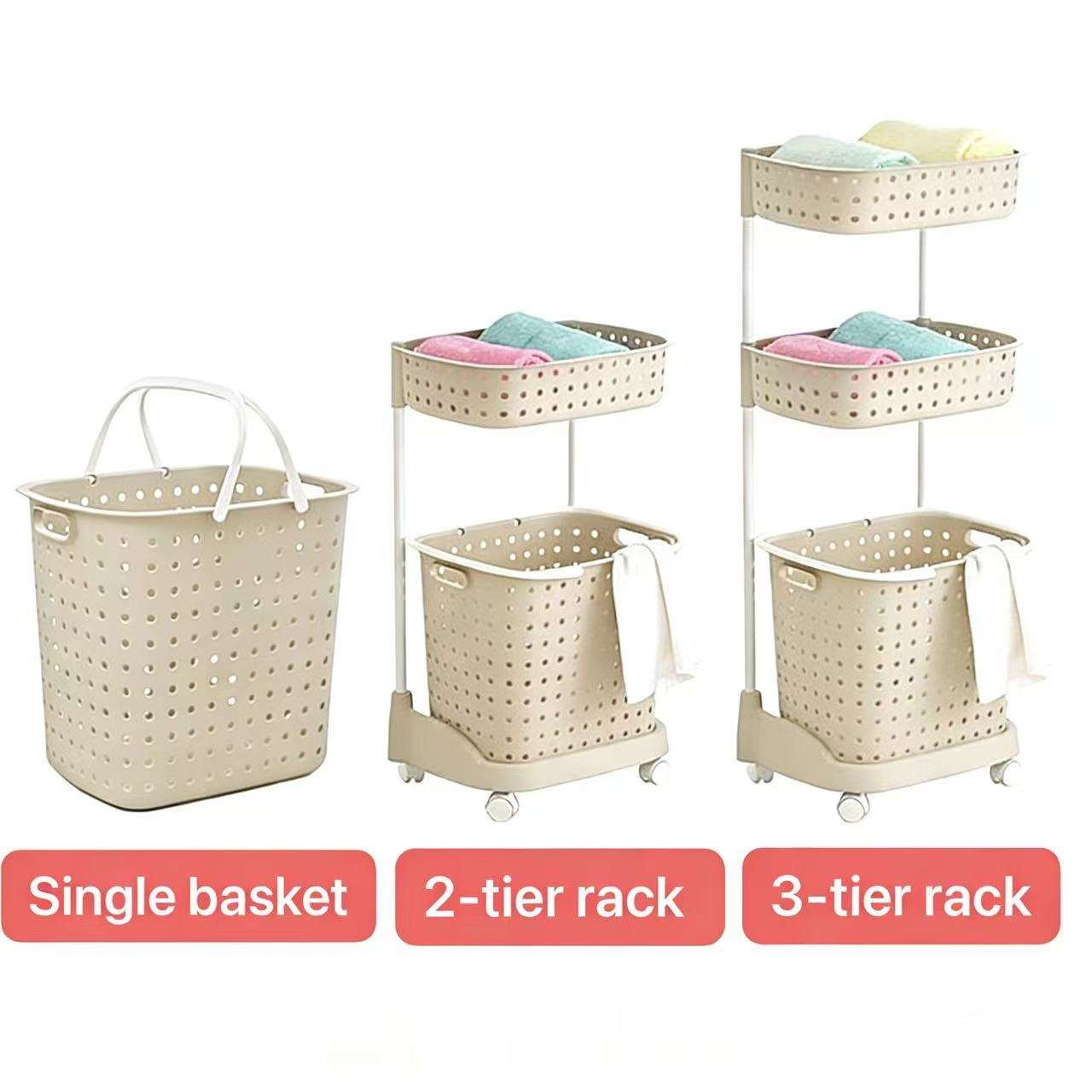 Giỏ đựng đồ giặt nhựa PP đa tầng bánh xe nắp chống bụi tiện lợi So sánh các phiên bản giỏ: loại đơn, 2 tầng, 3 tầng màu trắng kem.