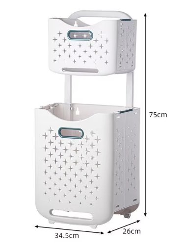 Giỏ đựng quần áo hai tầng nhựa PP có bánh xe gấp gọn tiện lợi Kích thước tổng thể giỏ hai tầng: 34.5x26x75cm.