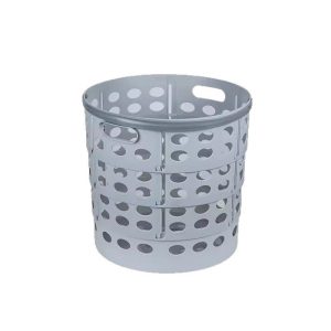 Giỏ đựng quần áo màu xám, thiết kế tròn, nhiều lỗ thoáng khí.