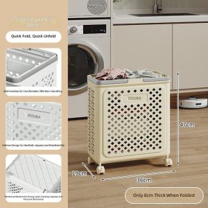 Ảnh chi tiết giỏ đựng quần áo vàng kem, kích thước và các tính năng nổi bật.