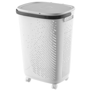 Giỏ đựng quần áo nhựa PP có bánh xe nắp đậy tiện lợi cho gia đình Giỏ đựng quần áo nhựa trắng, nắp đậy kín, có bánh xe, chụp trên nền trắng.