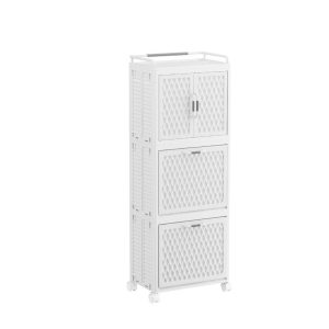 Kệ đựng quần áo nhựa PP 3 tầng đa năng cho phòng tắm và phòng giặt Kệ đựng quần áo 3 tầng màu trắng, chụp nền trắng đơn giản.