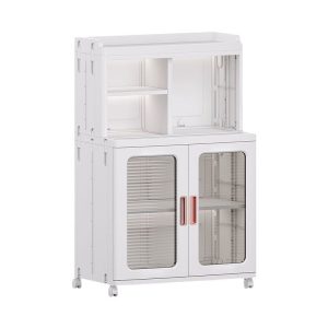 Tủ nhựa 2 tầng cửa đôi, thiết kế đơn giản, màu trắng, có bánh xe.