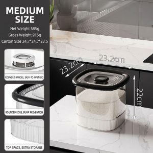 Hộp đựng gạo nhựa PP nắp kín chống ẩm côn trùng tiện lợi cho nhà bếp Hộp đựng gạo vừa, thông số kích thước, nắp đen, cạnh bo tròn.