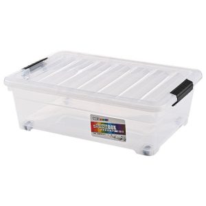 Hộp nhựa trong suốt nắp đen, nhãn dán thông tin sản phẩm.