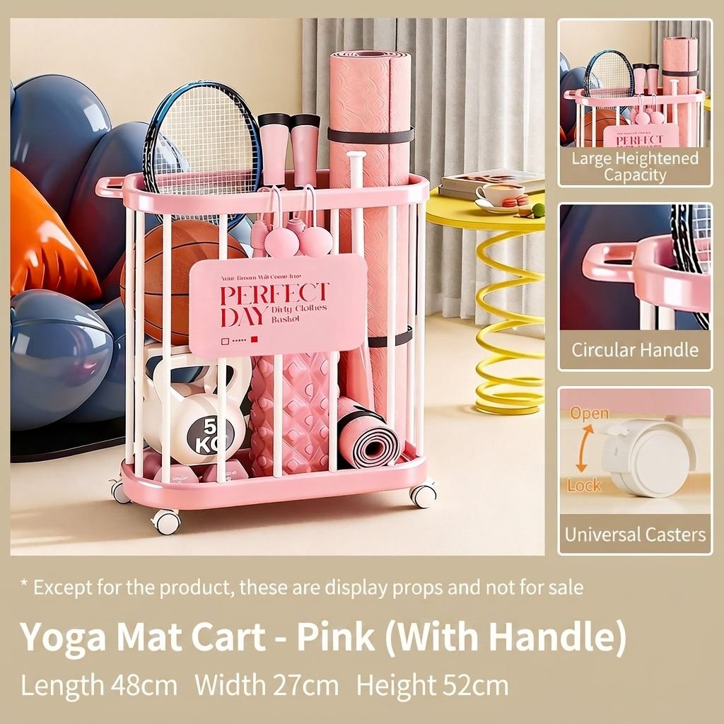 Giỏ nhựa có bánh xe đựng thảm yoga, đồ chơi, dụng cụ tập thể dục đa năng Ảnh tổng hợp giỏ đựng màu hồng với thông số kích thước và các tính năng nổi bật.