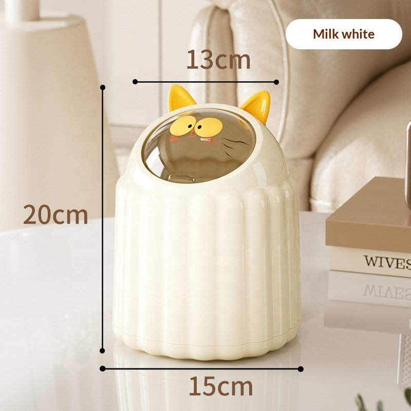 Thùng rác mini để bàn nhựa PP 4L nắp bật hình mèo tiện lợi cho gia đình Thùng rác mini với kích thước 20x15x13cm, màu trắng sữa.