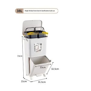 Thùng rác hai tầng với hai ngăn bên trong có tay cầm, kích thước rõ ràng.