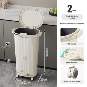 Thùng rác 2 tầng, một ngăn lớn, một ngăn nhỏ, có bánh xe.