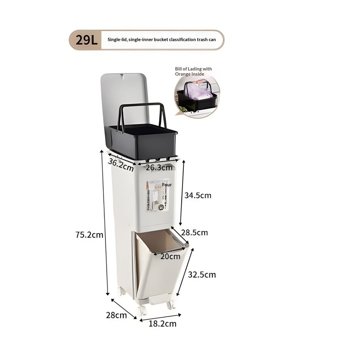 Thùng rác phân loại nhựa PP có nắp bàn đạp tiện lợi cho gia đình Cấu tạo chi tiết thùng rác 29L với các ngăn bên trong.