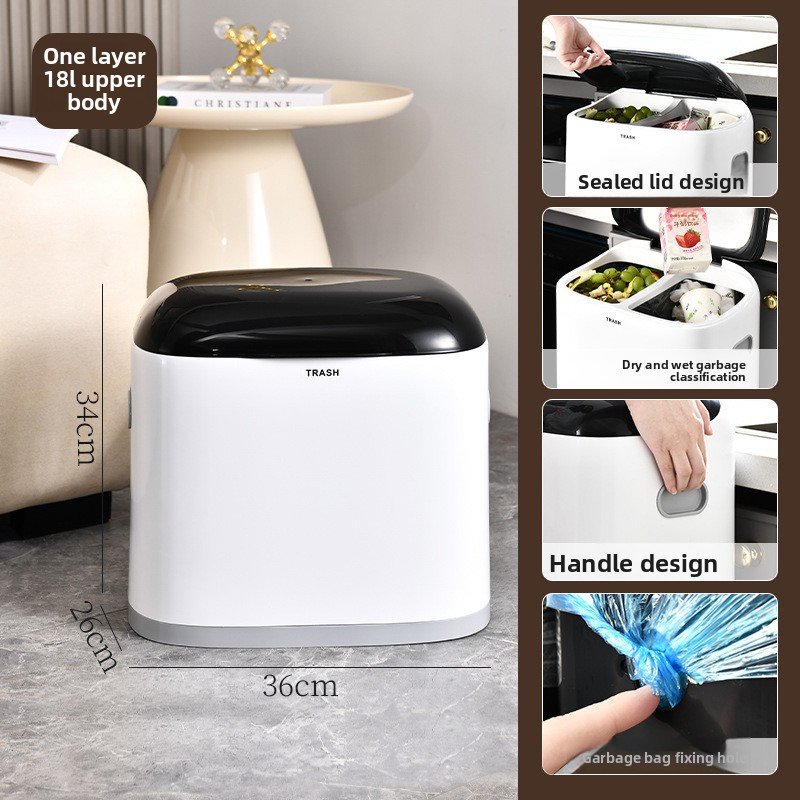 Thùng rác nhựa PP hai tầng cao cấp phân loại rác tiện lợi cho bếp Kích thước tầng trên 18L, thiết kế nắp kín, tay cầm và cố định túi rác.