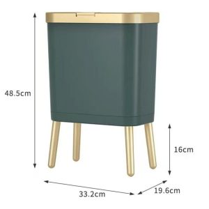 Thùng rác nhựa PP cao chân 12L nắp nhấn giữ vệ sinh cho gia đình Kích thước chi tiết thùng rác: cao 48.5cm, rộng 33.2cm, sâu 19.6cm, chân cao 16cm.