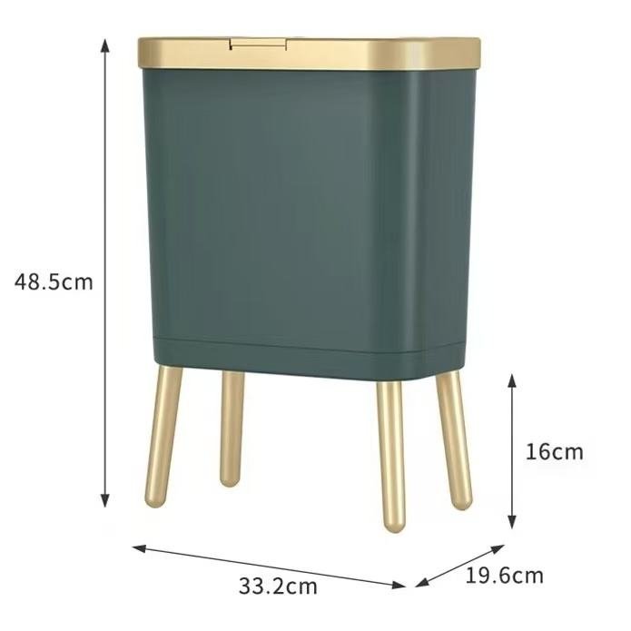 Thùng rác nhựa PP cao chân 12L nắp nhấn giữ vệ sinh cho gia đình Kích thước chi tiết thùng rác: cao 48.5cm, rộng 33.2cm, sâu 19.6cm, chân cao 16cm.