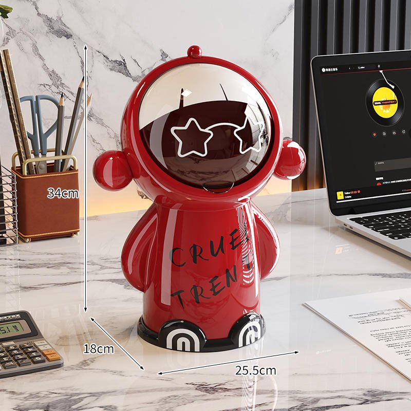 Thùng rác mini để bàn nhựa PP 5L hình hoạt hình đa năng cho gia đình Thùng rác mini màu đỏ trên bàn làm việc, có thông số kích thước 34cm x 25.5cm x 18cm.
