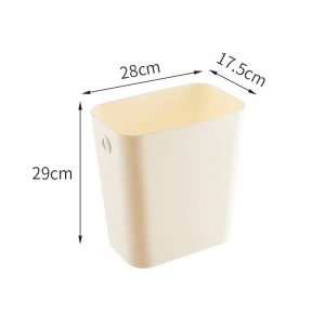 Thùng rác nhựa màu kem với kích thước 28x17.5x29cm được ghi chú rõ ràng.