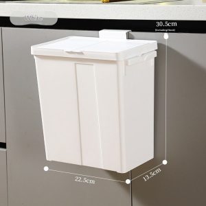 Thùng rác nhựa PP treo tường 12L tiện lợi cho bếp, phòng tắm Thùng rác treo tường màu trắng với kích thước chi tiết.