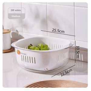 Rổ nhựa PP 2 tầng đa năng rửa rau củ quả tiện dụng cho nhà bếp Rổ rá màu trắng với kích thước rõ ràng, đặt trên bàn bếp.