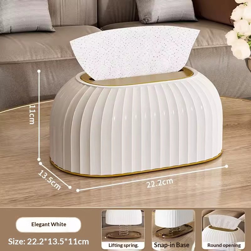 Hộp đựng khăn giấy nhựa cao cấp sọc vàng đồng cho phòng khách, phòng tắm Hộp khăn giấy màu trắng, kích thước 22.2 x 13.5 x 11 cm, thiết kế sang trọng.