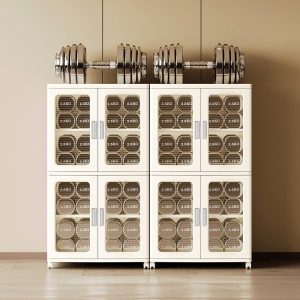 Tủ nhựa đa năng dùng để đựng tạ, cửa trong suốt, chắc chắn.