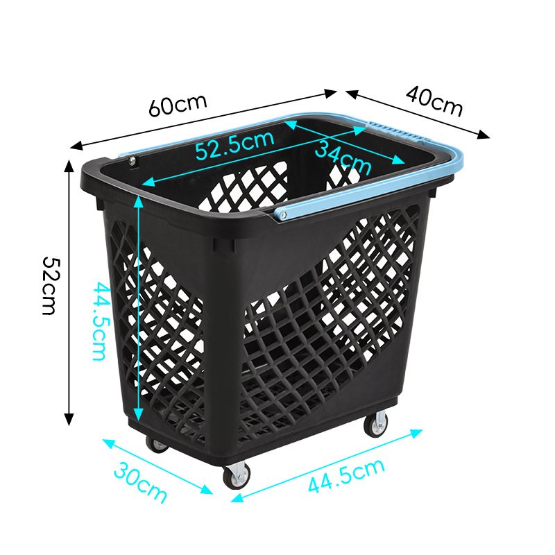 Giỏ đựng hàng siêu thị nhựa PP có bánh xe đa năng 60L tiện lợi Kích thước chi tiết của giỏ đựng hàng siêu thị với các thông số rõ ràng.