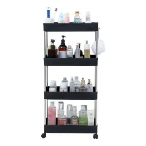 Kệ nhựa 4 tầng thép không gỉ đa năng có bánh xe đựng đồ phòng tắm nhà bếp Kệ 4 tầng màu đen nhìn trực diện, chứa nhiều chai lọ mỹ phẩm.