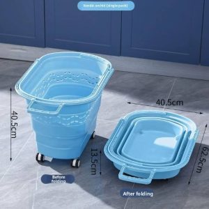 Kích thước giỏ đựng đồ màu xanh dương trước và sau khi gấp gọn.