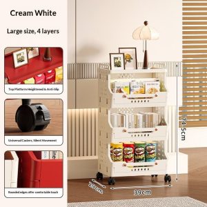 Kệ nhựa trắng kem 4 tầng có bánh xe, kích thước 39x74.5cm, để snack và đồ trang trí