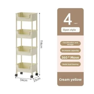 Ảnh thông số kệ nhựa 4 tầng màu vàng kem, có bánh xe.