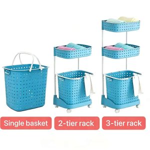 Giỏ đựng đồ giặt nhựa PP đa tầng bánh xe nắp chống bụi tiện lợi So sánh các phiên bản giỏ: loại đơn, 2 tầng, 3 tầng màu xanh dương.