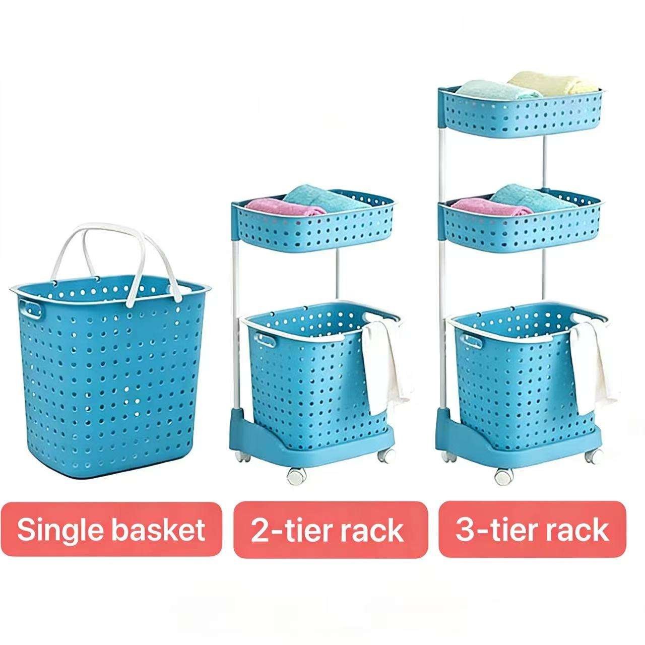 Giỏ đựng đồ giặt nhựa PP đa tầng bánh xe nắp chống bụi tiện lợi So sánh các phiên bản giỏ: loại đơn, 2 tầng, 3 tầng màu xanh dương.