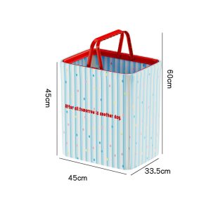 Giỏ sọc xanh chấm bi, kích thước 60x45x33.5cm, tay cầm đỏ.