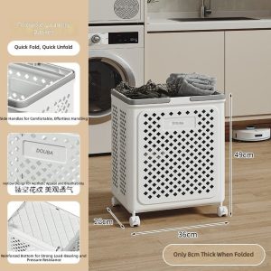 Ảnh giỏ đựng quần áo trắng với kích thước lớn hơn, có bánh xe và lỗ thoáng khí.