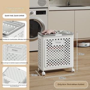 Ảnh tổng quan giỏ đựng đồ giặt với thông số kích thước và các tính năng nổi bật.