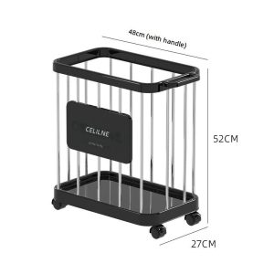 Giỏ đựng đồ màu đen với kích thước 48x27x52cm, có tay cầm và bánh xe.