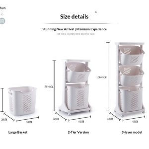 Kệ nhựa PP 2 tầng có bánh xe đa năng đựng quần áo phòng tắm Thông số kích thước chi tiết của từng giỏ và tổng thể kệ nhựa 2 tầng.