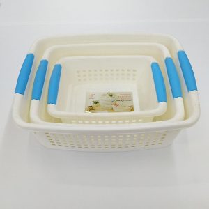 Rổ nhựa PP đa năng tay cầm Kasawow đựng đồ gia dụng nhà bếp Ba rổ nhựa xếp lồng vào nhau, tay cầm xanh dương, nhìn từ trên xuống.