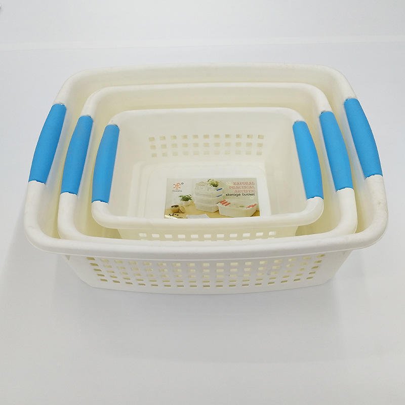 Rổ nhựa PP đa năng tay cầm Kasawow đựng đồ gia dụng nhà bếp Ba rổ nhựa xếp lồng vào nhau, tay cầm xanh dương, nhìn từ trên xuống.