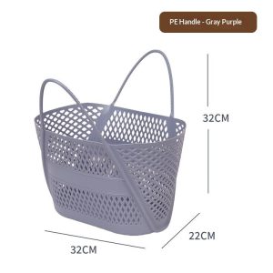 Giỏ nhựa màu tím xám với tay cầm, kích thước được ghi chú.