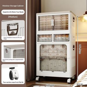 Tủ nhựa đựng quần áo đứng, nhiều ngăn, mô tả chi tiết tay cầm, bánh xe, cửa lật.