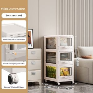 Ảnh mô tả kích thước tủ nhựa 3 tầng, chi tiết bánh xe và ngăn kéo trượt mượt.