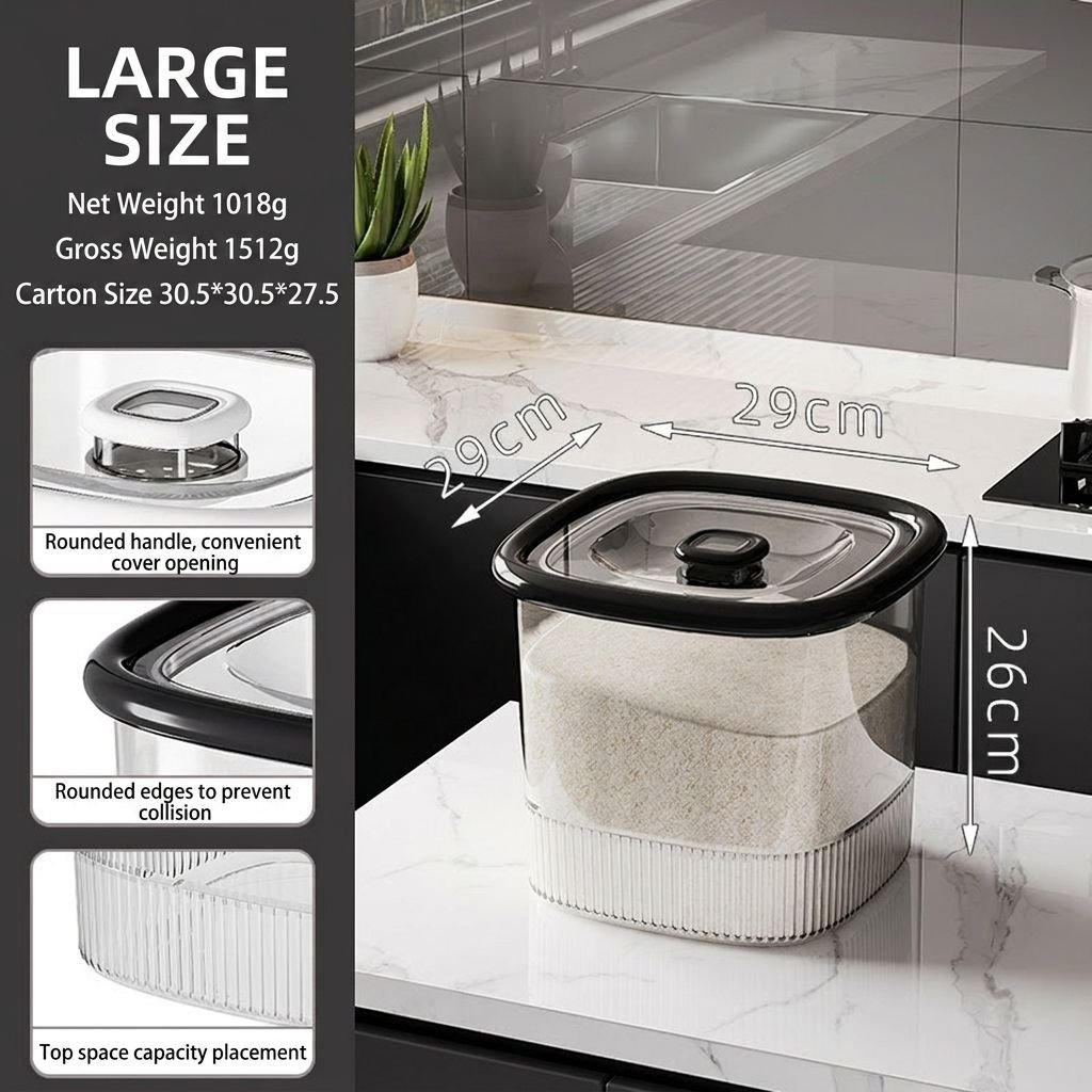 Hộp đựng gạo nhựa PP nắp kín chống ẩm côn trùng tiện lợi cho nhà bếp Hộp đựng gạo lớn, thông số kích thước, nắp đen, dung tích lớn.