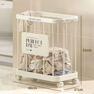 Giỏ nhựa đa năng có bánh xe đựng thảm yoga, quần áo, đồ chơi 67L Giỏ đựng đa năng với kích thước 52x48x27cm, chứa quần áo, đặt trong phòng tắm.