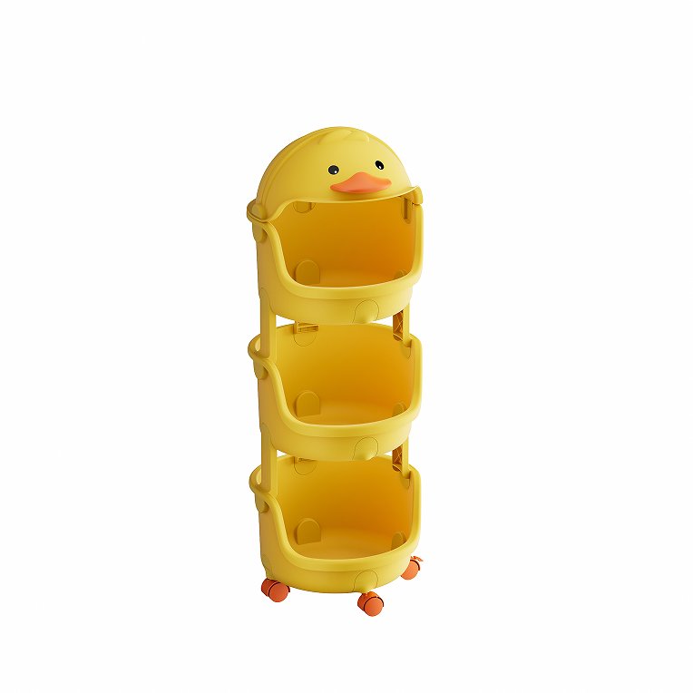 Kệ nhựa đa năng 4 tầng hình vịt đựng đồ chơi và vật dụng cho bé Kệ nhựa hình vịt màu vàng bốn tầng, chưa đựng đồ, trên nền trắng.