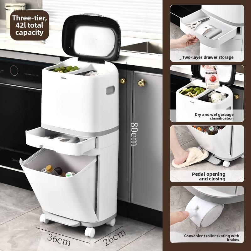 Thùng rác nhựa PP hai tầng cao cấp phân loại rác tiện lợi cho bếp Bánh xe phía dưới giúp di chuyển thùng rác nhẹ nhàng trong bếp.
