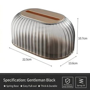 Hộp đựng khăn giấy nhựa cao cấp sọc vàng đồng cho phòng khách, phòng tắm Cận cảnh khe lấy giấy hình bầu dục, viền vàng đồng nổi bật.
