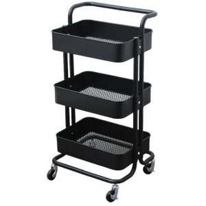 Kệ Đựng Đồ Nhà Bếp 3 Tầng Thép Carbon Màu Đen Có Bánh Xe Nhập Khẩu