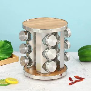 Khay Xoay Thông Minh 20 Lọ Gia Vị Inox Gỗ Tự Nhiên Nhập Khẩu - hình 2